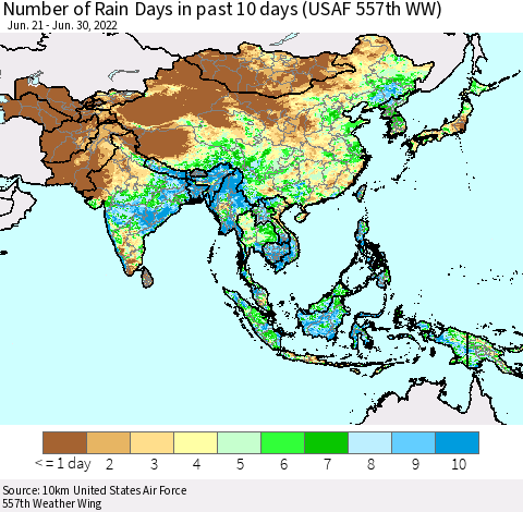 Asia Number of Rain Days in past 10 days (USAF 557th WW) Thematic Map For 6/26/2022 - 6/30/2022