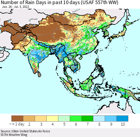 Asia Number of Rain Days in past 10 days (USAF 557th WW) Thematic Map For 7/1/2022 - 7/5/2022