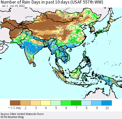 Asia Number of Rain Days in past 10 days (USAF 557th WW) Thematic Map For 7/6/2022 - 7/10/2022