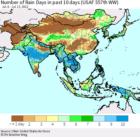 Asia Number of Rain Days in past 10 days (USAF 557th WW) Thematic Map For 7/11/2022 - 7/15/2022
