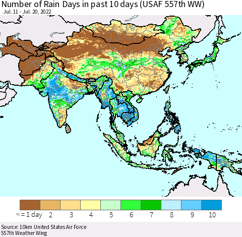 Asia Number of Rain Days in past 10 days (USAF 557th WW) Thematic Map For 7/16/2022 - 7/20/2022