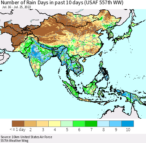 Asia Number of Rain Days in past 10 days (USAF 557th WW) Thematic Map For 7/21/2022 - 7/25/2022