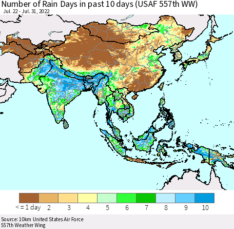 Asia Number of Rain Days in past 10 days (USAF 557th WW) Thematic Map For 7/26/2022 - 7/31/2022