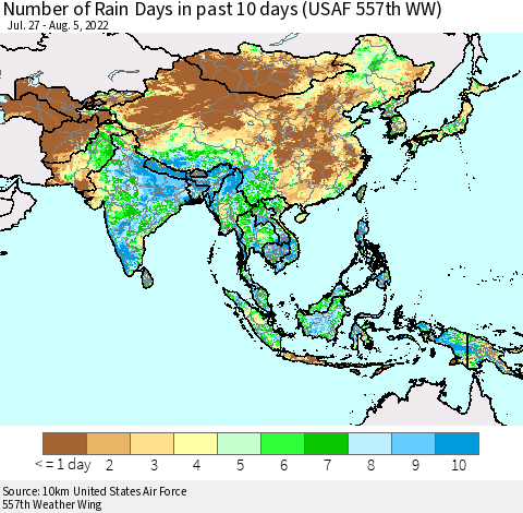 Asia Number of Rain Days in past 10 days (USAF 557th WW) Thematic Map For 8/1/2022 - 8/5/2022
