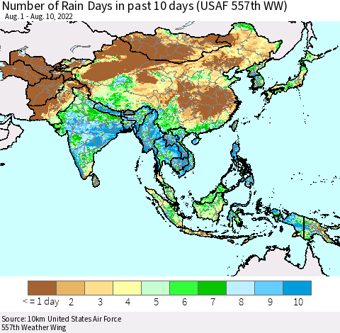 Asia Number of Rain Days in past 10 days (USAF 557th WW) Thematic Map For 8/6/2022 - 8/10/2022