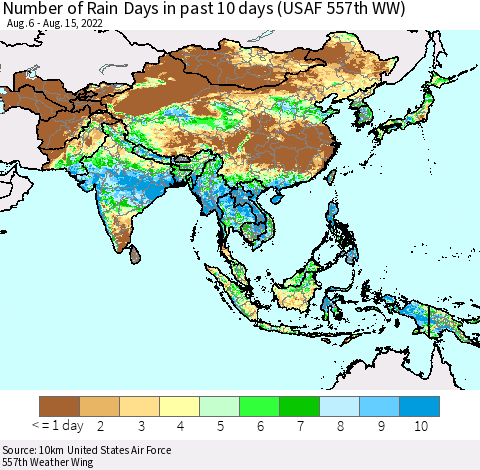 Asia Number of Rain Days in past 10 days (USAF 557th WW) Thematic Map For 8/11/2022 - 8/15/2022