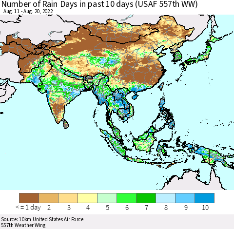 Asia Number of Rain Days in past 10 days (USAF 557th WW) Thematic Map For 8/16/2022 - 8/20/2022
