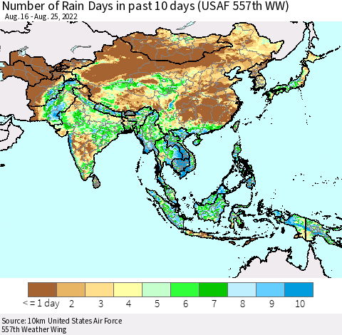 Asia Number of Rain Days in past 10 days (USAF 557th WW) Thematic Map For 8/21/2022 - 8/25/2022