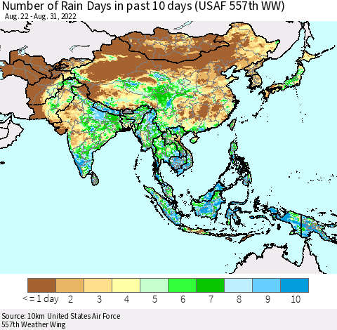 Asia Number of Rain Days in past 10 days (USAF 557th WW) Thematic Map For 8/26/2022 - 8/31/2022