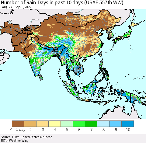 Asia Number of Rain Days in past 10 days (USAF 557th WW) Thematic Map For 9/1/2022 - 9/5/2022