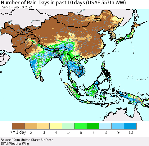 Asia Number of Rain Days in past 10 days (USAF 557th WW) Thematic Map For 9/6/2022 - 9/10/2022