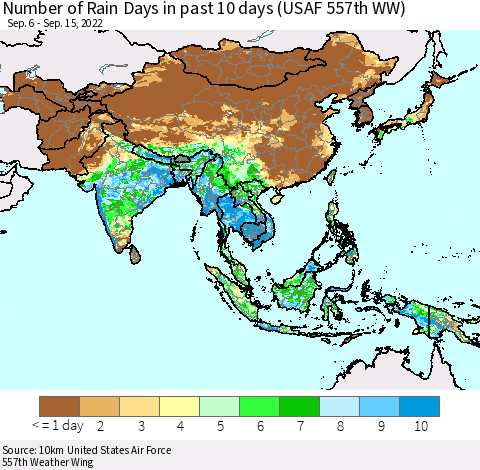 Asia Number of Rain Days in past 10 days (USAF 557th WW) Thematic Map For 9/11/2022 - 9/15/2022