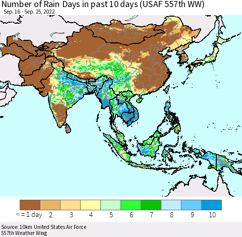 Asia Number of Rain Days in past 10 days (USAF 557th WW) Thematic Map For 9/21/2022 - 9/25/2022