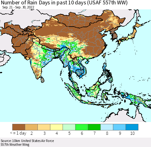 Asia Number of Rain Days in past 10 days (USAF 557th WW) Thematic Map For 9/26/2022 - 9/30/2022