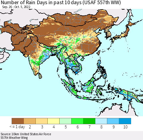 Asia Number of Rain Days in past 10 days (USAF 557th WW) Thematic Map For 10/1/2022 - 10/5/2022