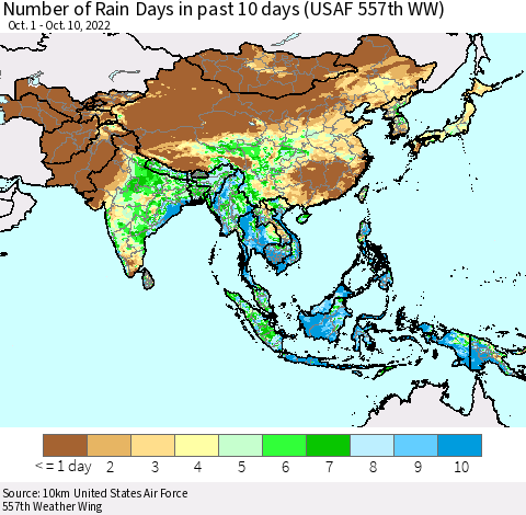 Asia Number of Rain Days in past 10 days (USAF 557th WW) Thematic Map For 10/6/2022 - 10/10/2022