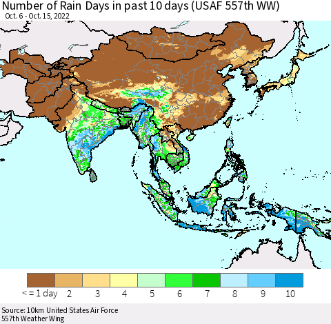 Asia Number of Rain Days in past 10 days (USAF 557th WW) Thematic Map For 10/11/2022 - 10/15/2022