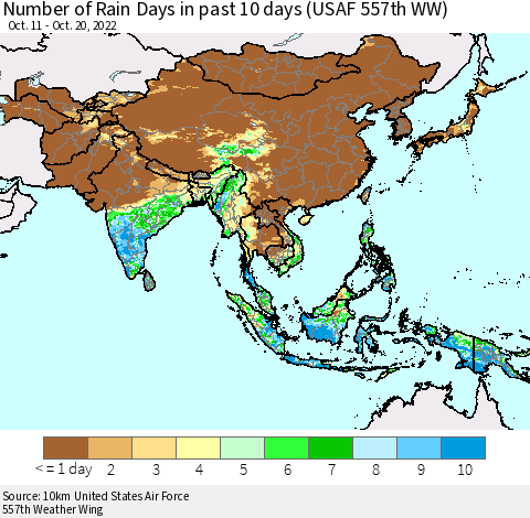 Asia Number of Rain Days in past 10 days (USAF 557th WW) Thematic Map For 10/16/2022 - 10/20/2022