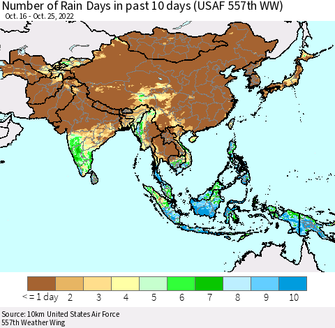 Asia Number of Rain Days in past 10 days (USAF 557th WW) Thematic Map For 10/21/2022 - 10/25/2022