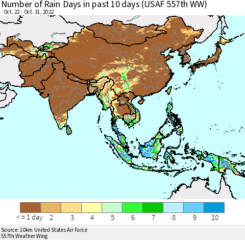 Asia Number of Rain Days in past 10 days (USAF 557th WW) Thematic Map For 10/26/2022 - 10/31/2022