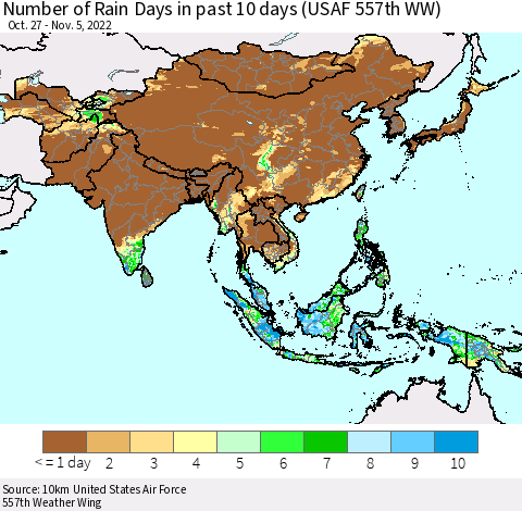 Asia Number of Rain Days in past 10 days (USAF 557th WW) Thematic Map For 11/1/2022 - 11/5/2022