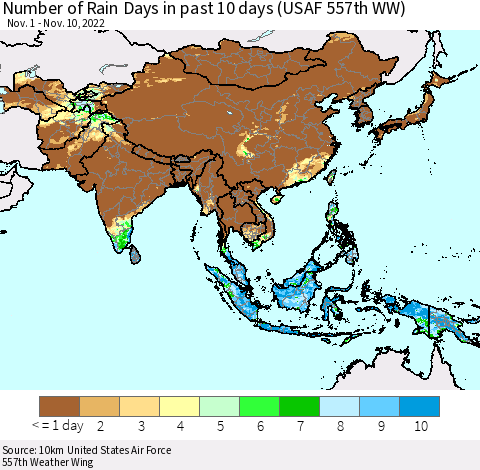 Asia Number of Rain Days in past 10 days (USAF 557th WW) Thematic Map For 11/6/2022 - 11/10/2022