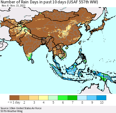 Asia Number of Rain Days in past 10 days (USAF 557th WW) Thematic Map For 11/11/2022 - 11/15/2022