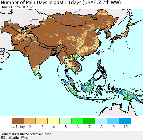 Asia Number of Rain Days in past 10 days (USAF 557th WW) Thematic Map For 11/16/2022 - 11/20/2022