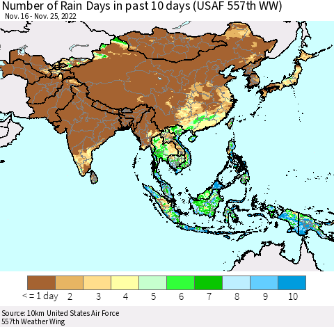Asia Number of Rain Days in past 10 days (USAF 557th WW) Thematic Map For 11/21/2022 - 11/25/2022