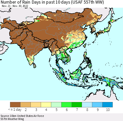 Asia Number of Rain Days in past 10 days (USAF 557th WW) Thematic Map For 11/26/2022 - 11/30/2022
