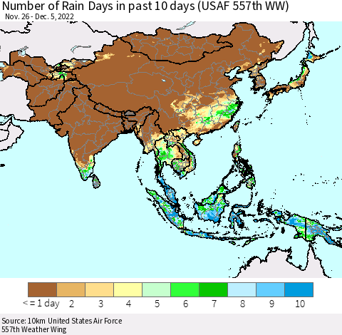 Asia Number of Rain Days in past 10 days (USAF 557th WW) Thematic Map For 12/1/2022 - 12/5/2022