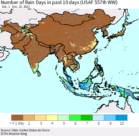 Asia Number of Rain Days in past 10 days (USAF 557th WW) Thematic Map For 12/6/2022 - 12/10/2022
