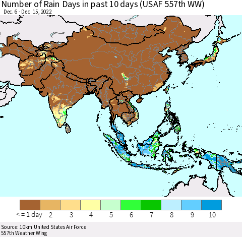 Asia Number of Rain Days in past 10 days (USAF 557th WW) Thematic Map For 12/11/2022 - 12/15/2022