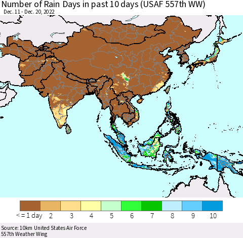 Asia Number of Rain Days in past 10 days (USAF 557th WW) Thematic Map For 12/16/2022 - 12/20/2022