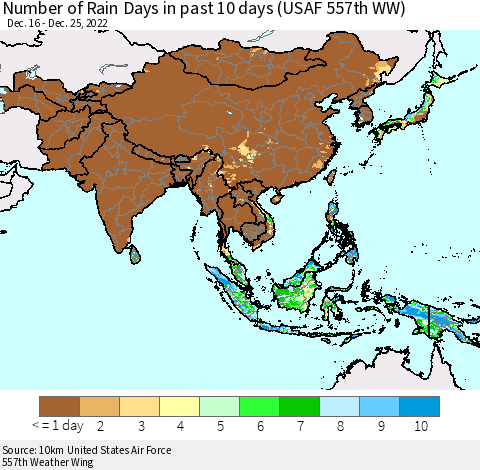 Asia Number of Rain Days in past 10 days (USAF 557th WW) Thematic Map For 12/21/2022 - 12/25/2022