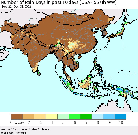 Asia Number of Rain Days in past 10 days (USAF 557th WW) Thematic Map For 12/26/2022 - 12/31/2022