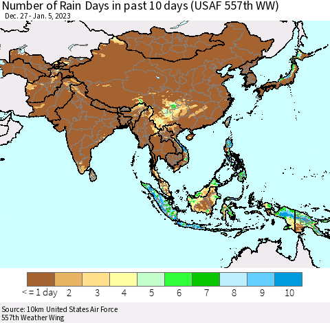 Asia Number of Rain Days in past 10 days (USAF 557th WW) Thematic Map For 1/1/2023 - 1/5/2023