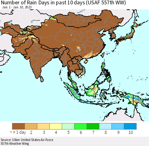 Asia Number of Rain Days in past 10 days (USAF 557th WW) Thematic Map For 1/6/2023 - 1/10/2023