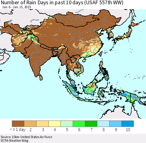 Asia Number of Rain Days in past 10 days (USAF 557th WW) Thematic Map For 1/11/2023 - 1/15/2023