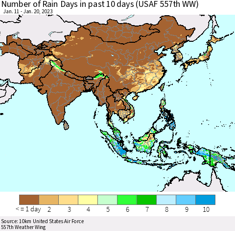 Asia Number of Rain Days in past 10 days (USAF 557th WW) Thematic Map For 1/16/2023 - 1/20/2023