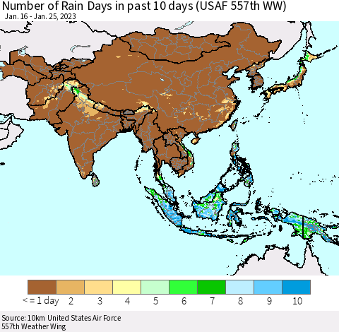 Asia Number of Rain Days in past 10 days (USAF 557th WW) Thematic Map For 1/21/2023 - 1/25/2023