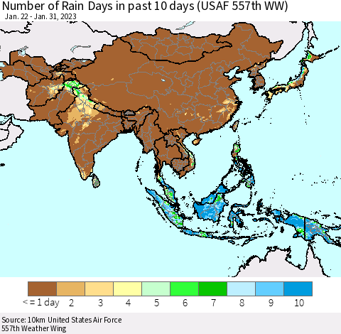 Asia Number of Rain Days in past 10 days (USAF 557th WW) Thematic Map For 1/26/2023 - 1/31/2023