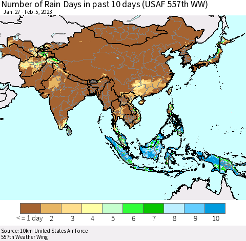 Asia Number of Rain Days in past 10 days (USAF 557th WW) Thematic Map For 2/1/2023 - 2/5/2023