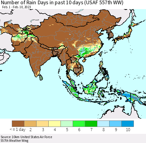 Asia Number of Rain Days in past 10 days (USAF 557th WW) Thematic Map For 2/6/2023 - 2/10/2023