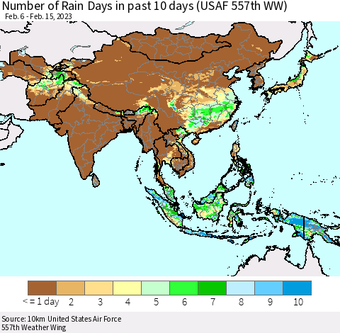Asia Number of Rain Days in past 10 days (USAF 557th WW) Thematic Map For 2/11/2023 - 2/15/2023