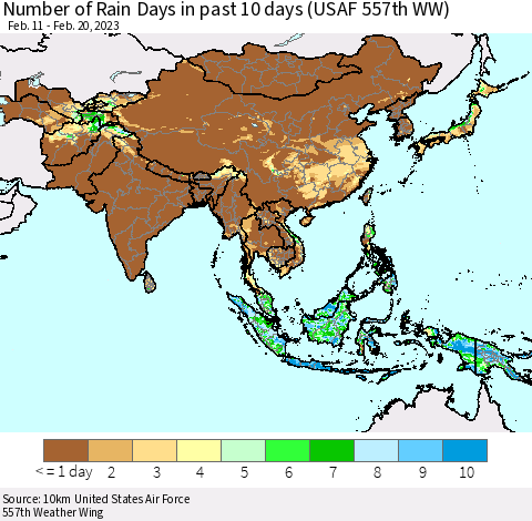 Asia Number of Rain Days in past 10 days (USAF 557th WW) Thematic Map For 2/16/2023 - 2/20/2023