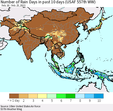 Asia Number of Rain Days in past 10 days (USAF 557th WW) Thematic Map For 2/21/2023 - 2/25/2023