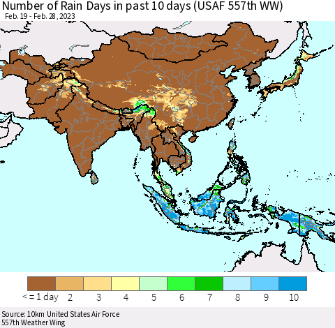 Asia Number of Rain Days in past 10 days (USAF 557th WW) Thematic Map For 2/26/2023 - 2/28/2023