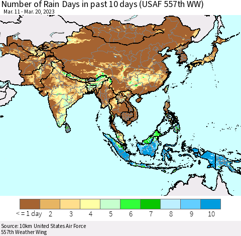 Asia Number of Rain Days in past 10 days (USAF 557th WW) Thematic Map For 3/16/2023 - 3/20/2023