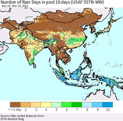 Asia Number of Rain Days in past 10 days (USAF 557th WW) Thematic Map For 3/21/2023 - 3/25/2023